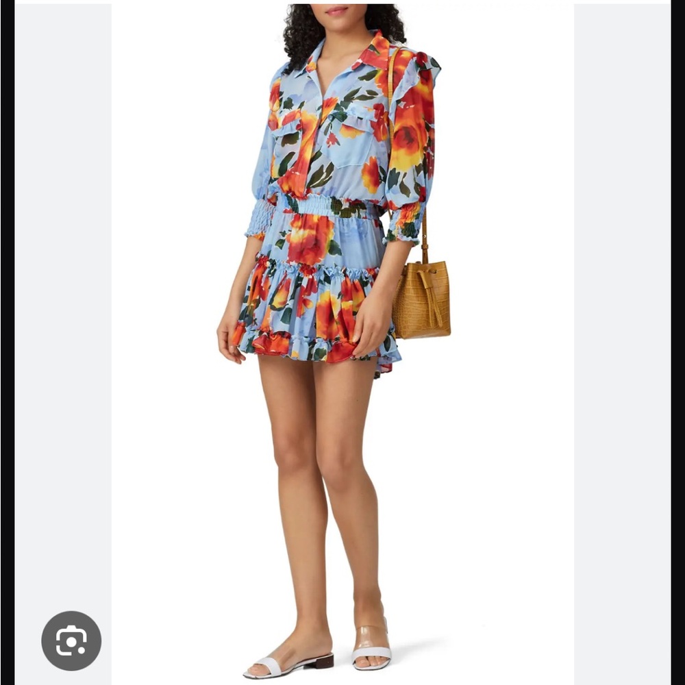 Misa Los Angeles Blue Floral Mini Dress with Orange Blooms - Picture 3 of 5